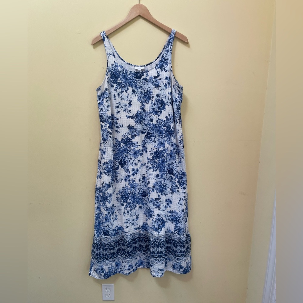 J. Jill Blue Floral Cotton Midi Maxi Tank Shift Dress Pockets size Medium